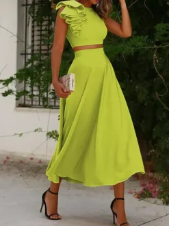 With Cocktail Dress Elegant Tea-Length Two-piece Jewel Neck Pleated