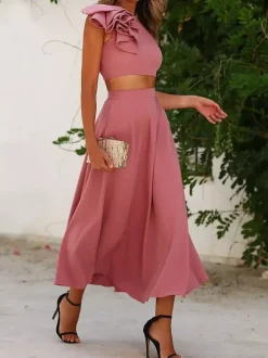 With Cocktail Dress Elegant Tea-Length Two-piece Jewel Neck Pleated