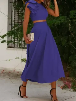 With Cocktail Dress Elegant Tea-Length Two-piece Jewel Neck Pleated