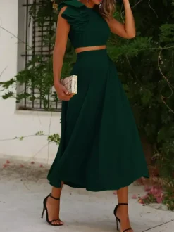 With Cocktail Dress Elegant Tea-Length Two-piece Jewel Neck Pleated