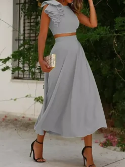 With Cocktail Dress Elegant Tea-Length Two-piece Jewel Neck Pleated
