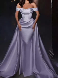 With Cocktail Dress Pretty Short Knee-Length Off-The-Shoulder Pleated Satin Fabric