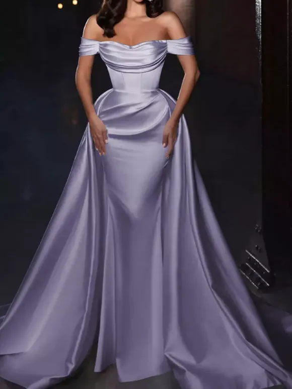 With Cocktail Dress Pretty Short Knee-Length Off-The-Shoulder Pleated Satin Fabric