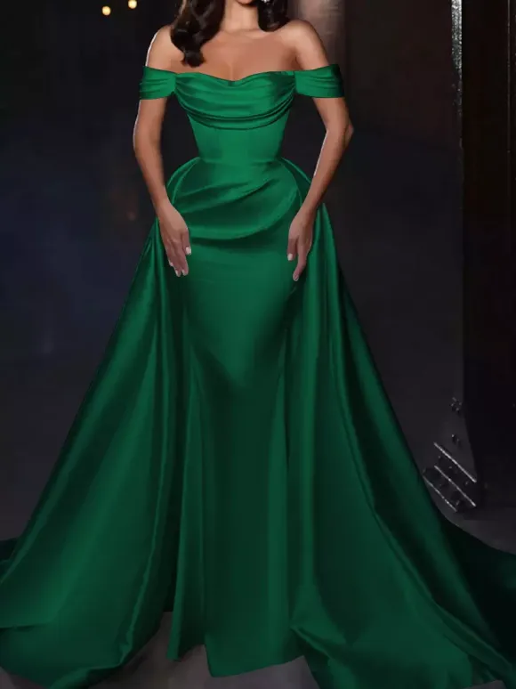 With Cocktail Dress Pretty Short Knee-Length Off-The-Shoulder Pleated Satin Fabric