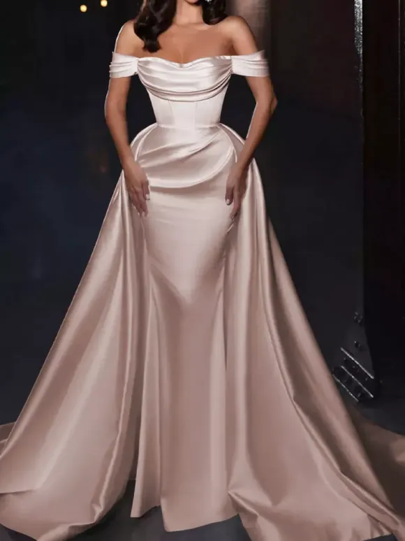 With Cocktail Dress Pretty Short Knee-Length Off-The-Shoulder Pleated Satin Fabric