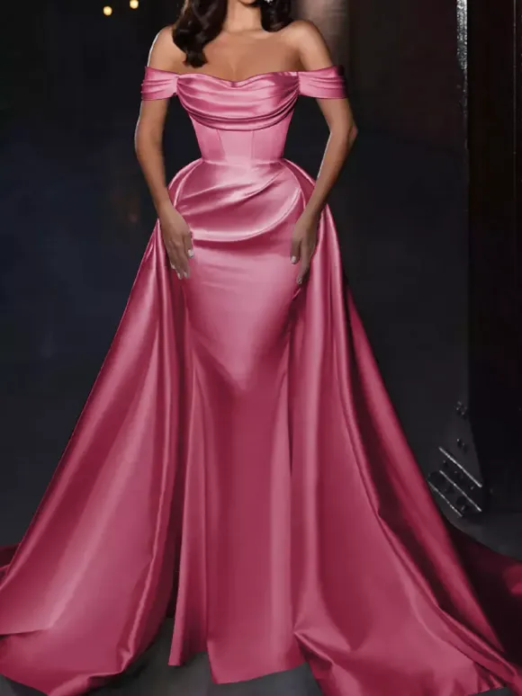 With Cocktail Dress Pretty Short Knee-Length Off-The-Shoulder Pleated Satin Fabric