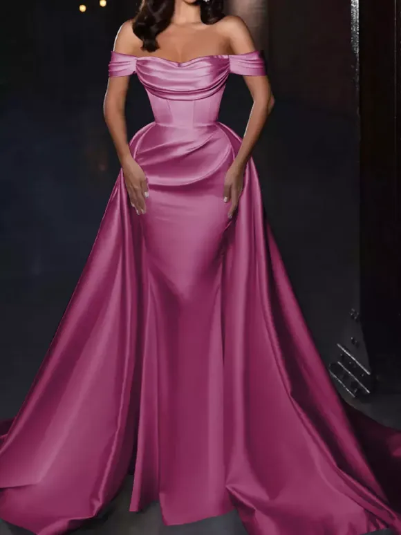 With Cocktail Dress Pretty Short Knee-Length Off-The-Shoulder Pleated Satin Fabric
