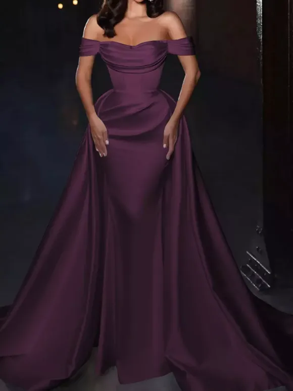With Cocktail Dress Pretty Short Knee-Length Off-The-Shoulder Pleated Satin Fabric