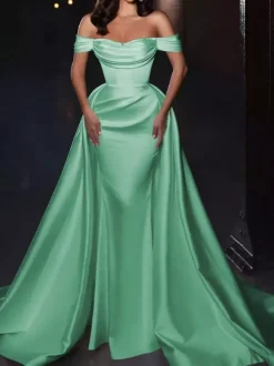 With Cocktail Dress Pretty Short Knee-Length Off-The-Shoulder Pleated Satin Fabric