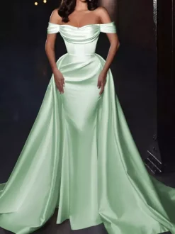 With Cocktail Dress Pretty Short Knee-Length Off-The-Shoulder Pleated Satin Fabric