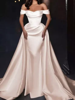 With Cocktail Dress Pretty Short Knee-Length Off-The-Shoulder Pleated Satin Fabric