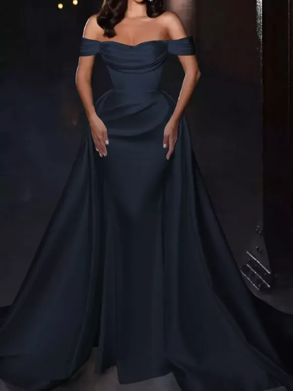 With Cocktail Dress Pretty Short Knee-Length Off-The-Shoulder Pleated Satin Fabric