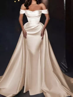 With Cocktail Dress Pretty Short Knee-Length Off-The-Shoulder Pleated Satin Fabric