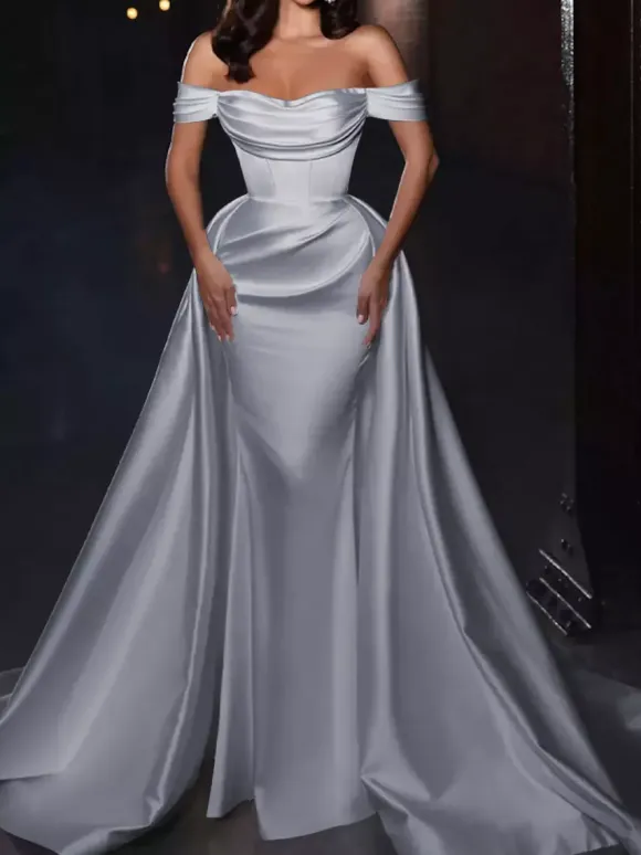 With Cocktail Dress Pretty Short Knee-Length Off-The-Shoulder Pleated Satin Fabric