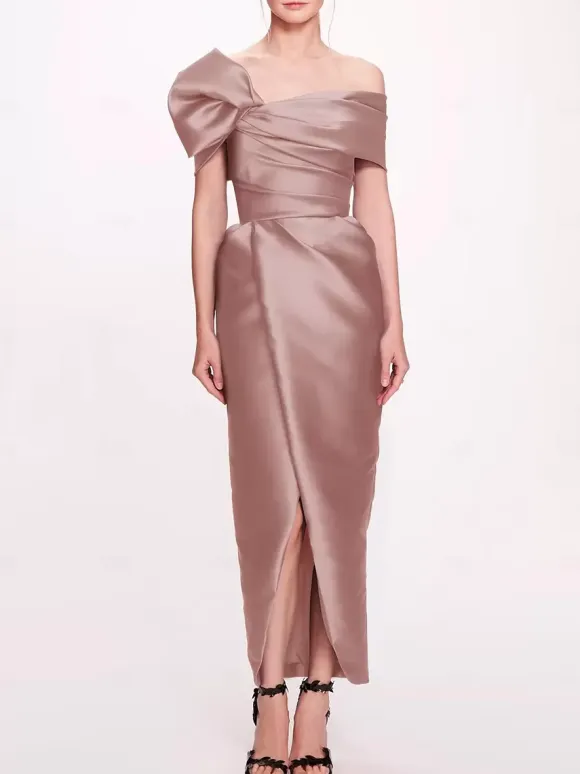 With Cocktail Dress Elegant Ankle-Length Sheath Off-The-Shoulder Pleated Satin Fabric