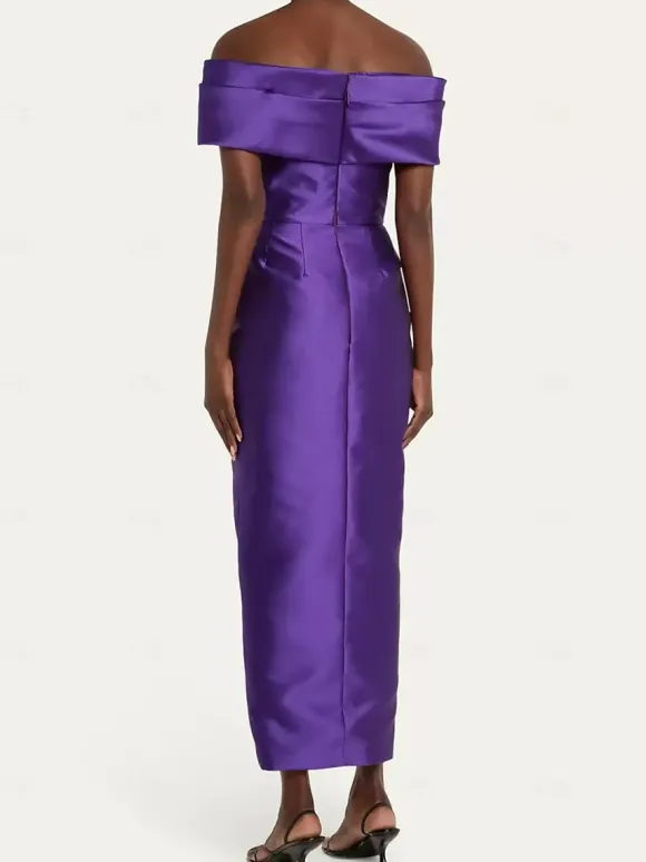 With Cocktail Dress Elegant Ankle-Length Sheath Off-The-Shoulder Pleated Satin Fabric