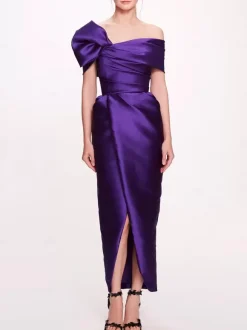 With Cocktail Dress Elegant Ankle-Length Sheath Off-The-Shoulder Pleated Satin Fabric