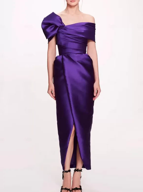 With Cocktail Dress Elegant Ankle-Length Sheath Off-The-Shoulder Pleated Satin Fabric