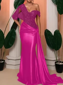 With Cocktail Dress Elegant Mermaid With Train One-Shoulder