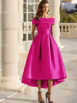 With Cocktail Dress Elegant Short Tea-Length Off-The-Shoulder Satin Fabric