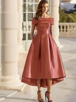 With Cocktail Dress Elegant Short Tea-Length Off-The-Shoulder Satin Fabric