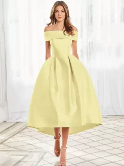 With Cocktail Dress Elegant Short Tea-Length Off-The-Shoulder Satin Fabric