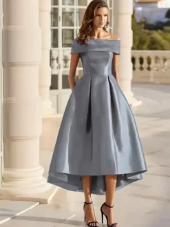 With Cocktail Dress Elegant Short Tea-Length Off-The-Shoulder Satin Fabric