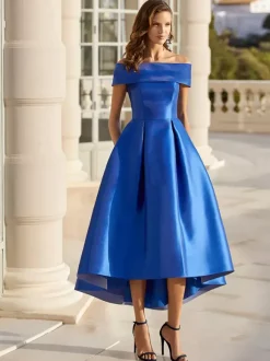 With Cocktail Dress Elegant Short Tea-Length Off-The-Shoulder Satin Fabric