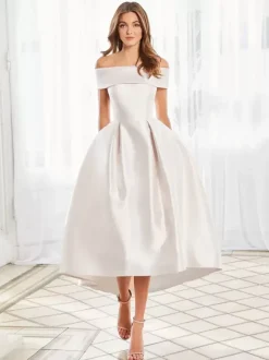 With Cocktail Dress Elegant Short Tea-Length Off-The-Shoulder Satin Fabric
