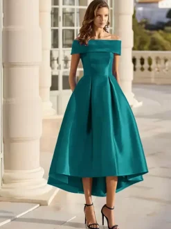 With Cocktail Dress Elegant Short Tea-Length Off-The-Shoulder Satin Fabric