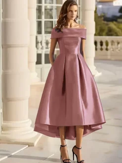 With Cocktail Dress Elegant Short Tea-Length Off-The-Shoulder Satin Fabric
