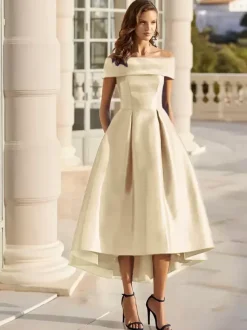 With Cocktail Dress Elegant Short Tea-Length Off-The-Shoulder Satin Fabric