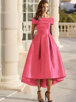 With Cocktail Dress Elegant Short Tea-Length Off-The-Shoulder Satin Fabric