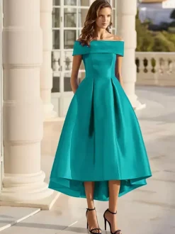 With Cocktail Dress Elegant Short Tea-Length Off-The-Shoulder Satin Fabric