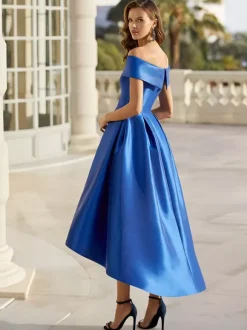 With Cocktail Dress Elegant Short Tea-Length Off-The-Shoulder Satin Fabric