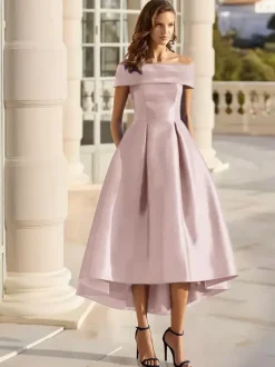 With Cocktail Dress Elegant Short Tea-Length Off-The-Shoulder Satin Fabric