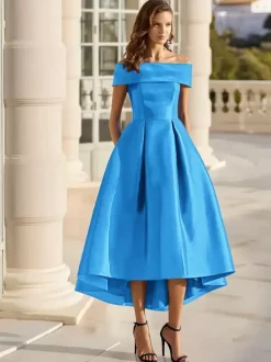 With Cocktail Dress Elegant Short Tea-Length Off-The-Shoulder Satin Fabric