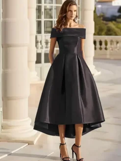 With Cocktail Dress Elegant Short Tea-Length Off-The-Shoulder Satin Fabric