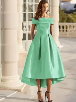 With Cocktail Dress Elegant Short Tea-Length Off-The-Shoulder Satin Fabric