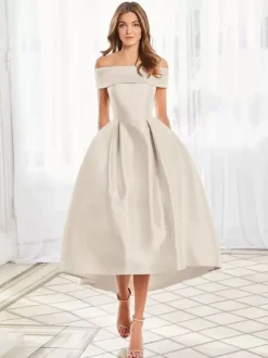 With Cocktail Dress Elegant Short Tea-Length Off-The-Shoulder Satin Fabric