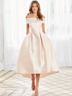 With Cocktail Dress Elegant Short Tea-Length Off-The-Shoulder Satin Fabric