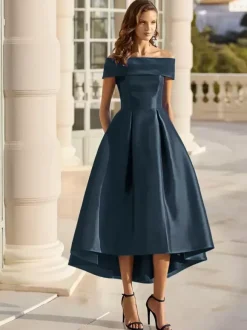 With Cocktail Dress Elegant Short Tea-Length Off-The-Shoulder Satin Fabric