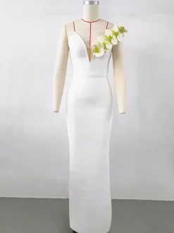With Cocktail Dress Modern Ball Gown Floor-Length V-Neck Flowers Polyester