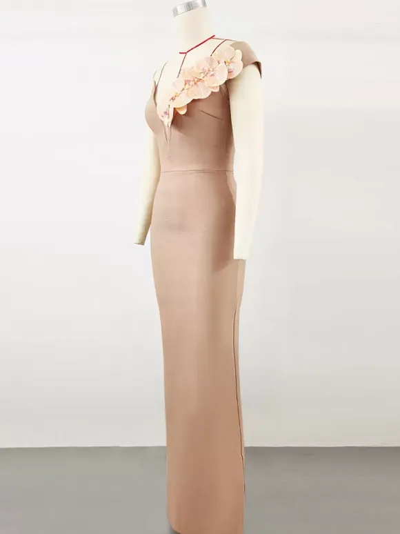 With Cocktail Dress Modern Ball Gown Floor-Length V-Neck Flowers Polyester