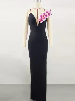 With Cocktail Dress Modern Ball Gown Floor-Length V-Neck Flowers Polyester