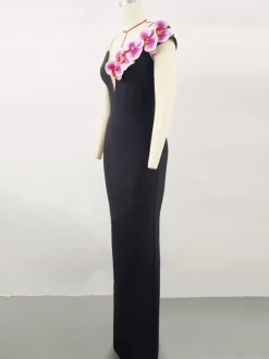 With Cocktail Dress Modern Ball Gown Floor-Length V-Neck Flowers Polyester