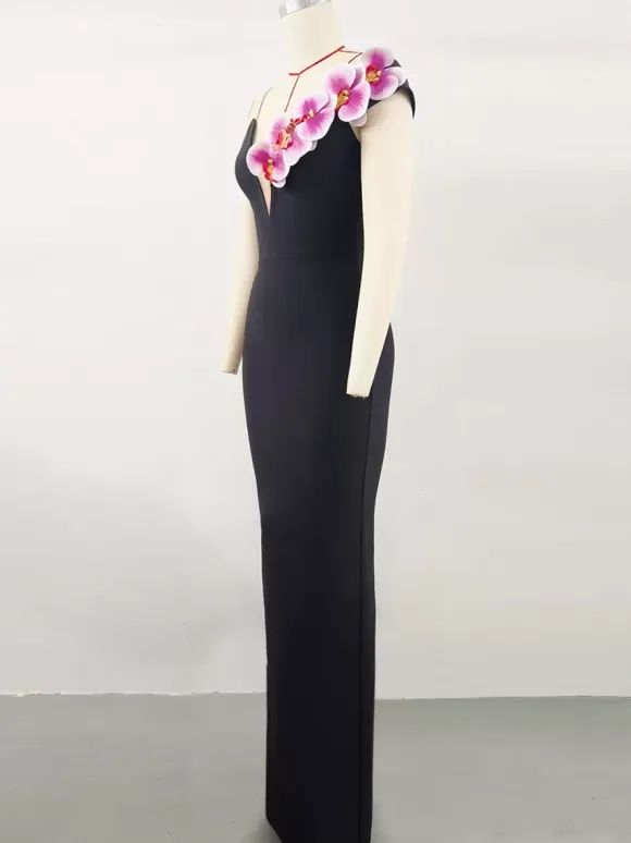 With Cocktail Dress Modern Ball Gown Floor-Length V-Neck Flowers Polyester