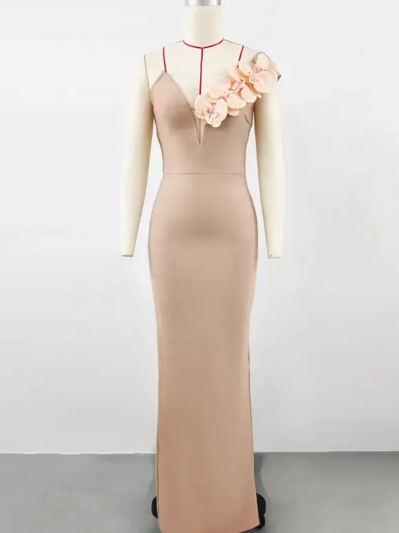 With Cocktail Dress Modern Ball Gown Floor-Length V-Neck Flowers Polyester