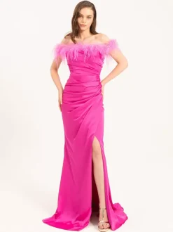 With Cocktail Dress Pretty Mermaid With Train Bateau Neck Feathers Elastic Silk Like Satin