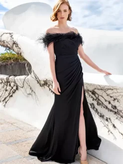 With Cocktail Dress Pretty Mermaid With Train Bateau Neck Feathers Elastic Silk Like Satin
